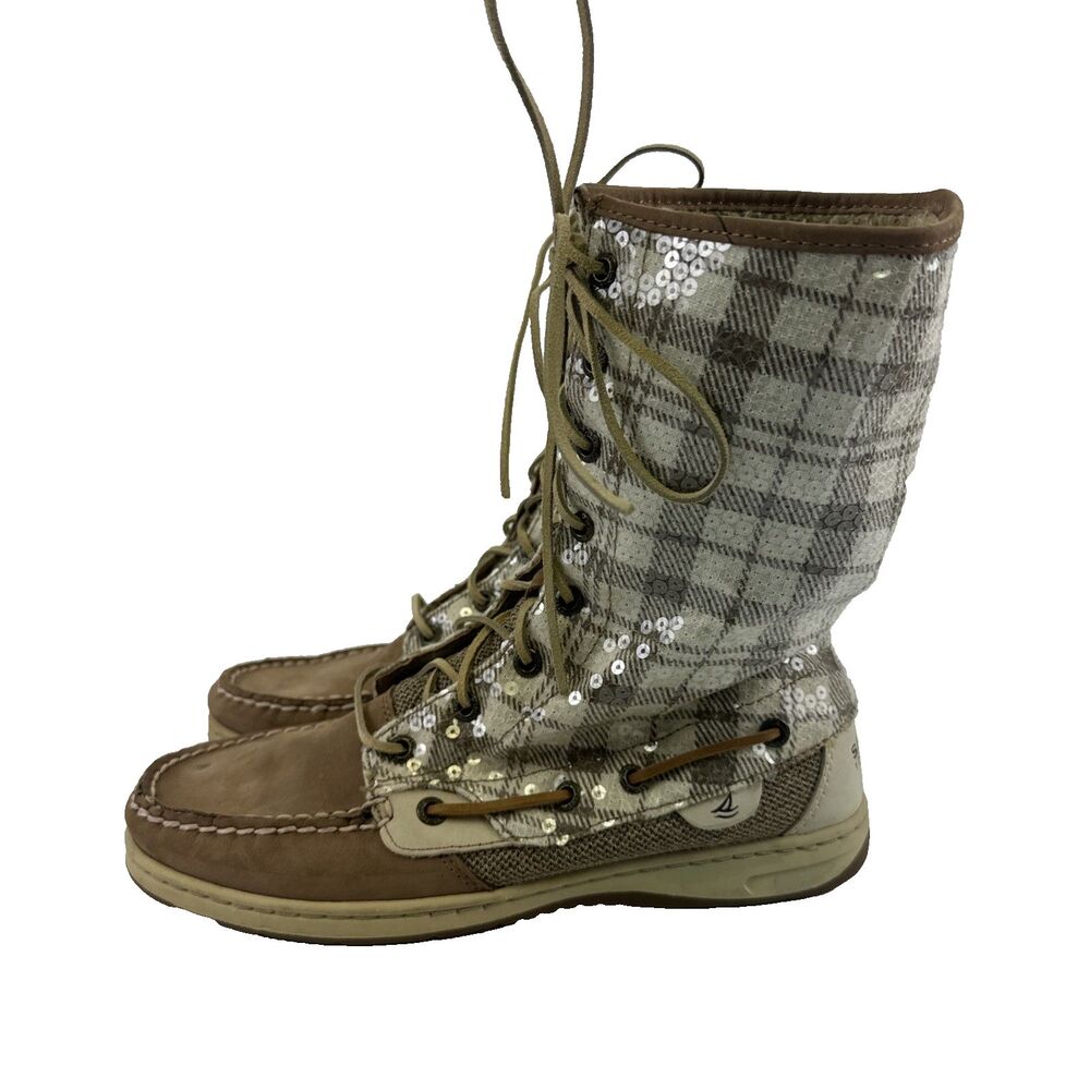 Sperry Ladyfish Foldover Boot Lace Up Brown Plaid Sequin Leather Lined Women 8.5